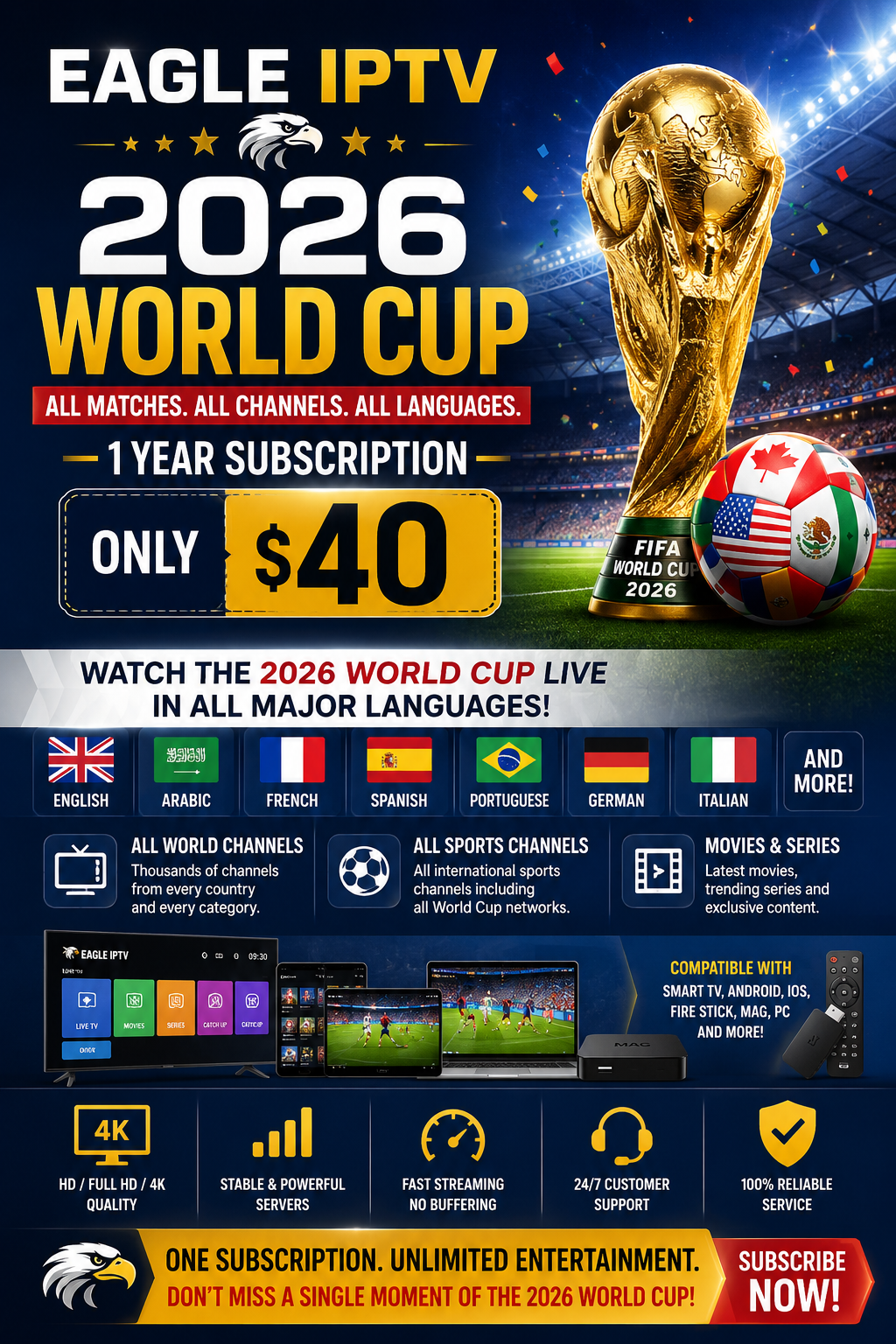 Watch the 2026 World Cup Live with Server Eagle IPTV – Full 1 Year Subscription for Only $40!